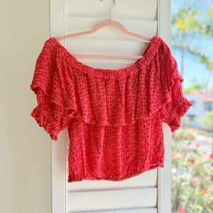 Free People 'That Girl' Eyelet Ruffle off the shoulder Crop Top in Red size S